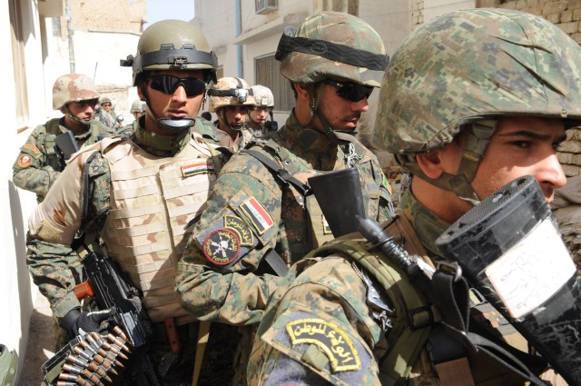 RASHEED, Iraq - Iraqi Army Soldiers take the lead in a combined operation with Paratroopers assigned to 5th Squadron, 73rd Cavalry Regiment, 3rd Brigade Combat Team, 82nd Airborne Division, during Operation Sway Sway Feb. 28. The operation...