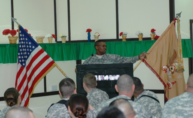 Command Sgt. Maj. Derrick Taylor, 3rd Special Troops Battalion, 3rd Heavy Brigade Combat Team, 1st Cavalry Division, the guest speaker for the black history celebration held in Mosul, Iraq, at the FOB Diamondback dining facility on Feb 19, set the to...