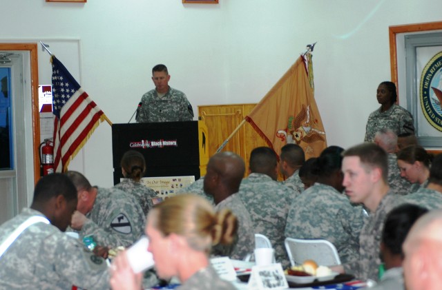 Lt. Col. Loren Schriner, 215th Brigade Support Battalion, 3rd Heavy Brigade Combat Team, 1st Cavalry Division, provided opening remarks during the black history celebration held at the FOB Marez dining facility in Mosul, Iraq on Feb 18.  In his openi...