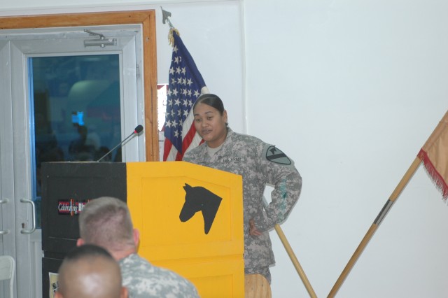 Staff Sgt. Verlena Fernandes, 215th Brigade Support Battalion, 3rd Heavy Brigade Combat Team, 1st Cavalry Division, embodied black haughtiness with her hip swaying, shoulder shrugging interpretation of the poem "Still I rise" by Maya Angelou during t...