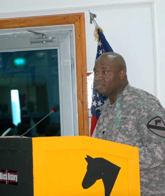 Spc. Ndubuisi Okolo, 215th Brigade Support Battalion, 3rd Heavy Brigade Combat Team, 1st Cavalry Division, originally from West Africa told the audience what African American history meant to him.  From his West African perspective he suggested that ...