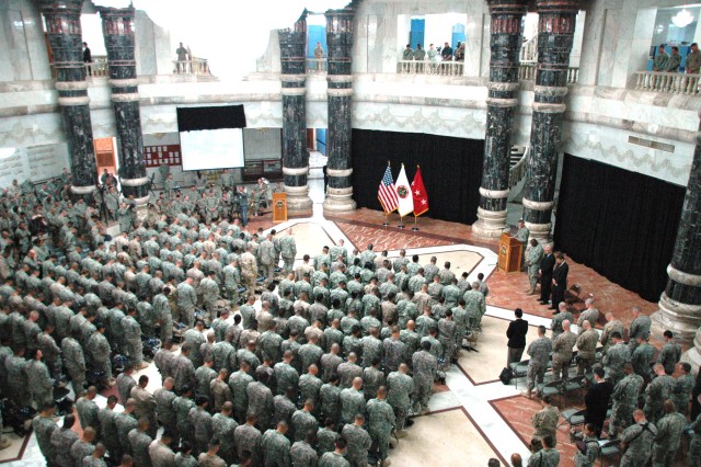 BAGHDAD -Soldiers attending a naturalization ceremony stand in formation March 3 at al-Faw Palace. Sgt. Juan Ramos, an armor crewman with Headquarters and Headquarters Company, 1st Combined Arms Battalion, 18th Infantry Regiment was among the 251...