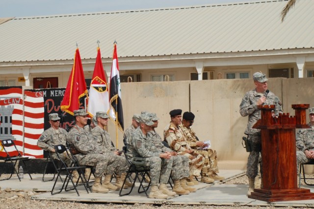 CAMP LIBERTY, Iraq - On March 18, dignitaries from the 225th Engineer Brigade, the 46th Engineer Battalion and the 6th Iraqi Army listen to Lt. Col. Joe D. Hargett, commander of the 890th Eng. Bn., as he makes his parting speech during the...