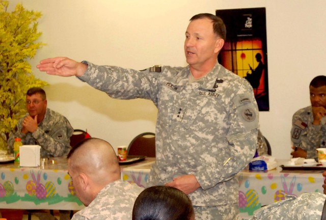 CAMP LIBERTY, Iraq - Lt. Gen. Benjamin Mixon, commander of United States Army Pacific Command, Fort Shafter, Hawaii, talks to Soldiers of the 8th Military Police Brigade during his visit March 24. Mixon spoke to his Soldiers about the Army's "Year...