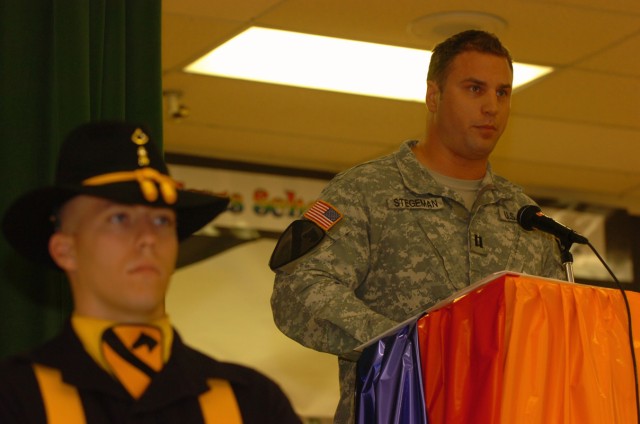 Capt. Tyler Stegeman, Rear Detachment commander of 1st Battalion, 5th Cavalry Regiment, 2nd Brigade Combat Team, 1st Cavalry Division, of Jefferson City, Mo., speaks to Duncan Elementary School students March 25, on Fort Hood, Texas, during a...