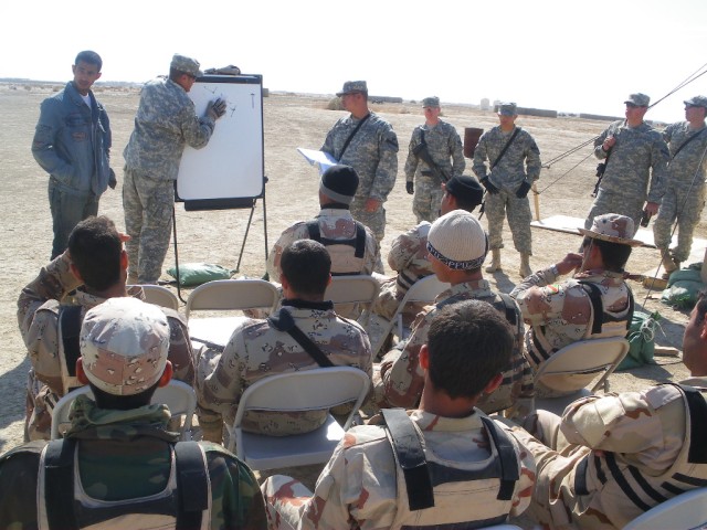 Sgt. Lorenzo Luna, assigned to 2nd Battalion, 12th Cavalry Regiment, 4th Brigade Combat Team, 1st Cavalry Division, instructs troops from the 3rd Battalion, 40th Iraqi Army Brigade on how to enter and clear a room during a three-day training...