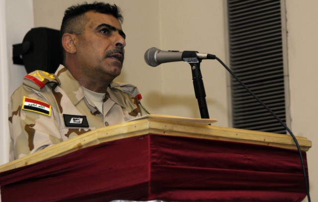 BAGHDAD - Staff Maj. Gen. Qassim Jassem Nazal commander of the 9th Iraqi Army Division, speaks to the guests of the Mada'in Qada Farewell Luncheon, hosted by the 2nd Brigade Combat Team, 1st Armored Division, Multi-National Division - Baghdad,...