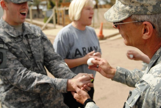 BAGHDAD - An egg pocking or 'fighting' competition brought lots of smiles for the deployed Soldiers of the 225th Engineer Brigade from Pineville, La., April 12 on Camp Liberty. Sgt. Maj. Tommy Brouillette of Pineville, La., was declared the winner of...