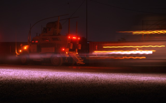 BAGHDAD -Mine-Resistant Ambush-Protected vehicles belonging to Company A, 82nd Brigade Support Battalion arrive at Forward Operating Base Loyalty, April 6. Alpha Company's mission takes them to various locations in and around Baghdad, day or...