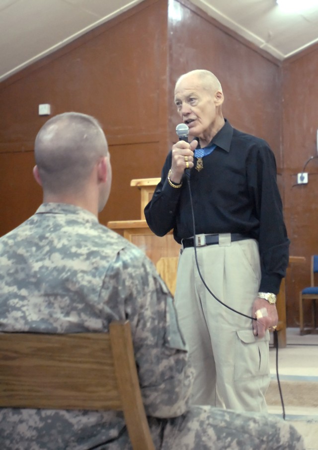 Col. (retired) Robert Howard, who earned the Medal of Honor while in combat in the Vietnam War, speaks to Soldiers serving with the 2nd Heavy Brigade Combat Team, 1st Infantry Division, Multi-National Division - Baghdad, at Warrior Chapel on Camp Lib...