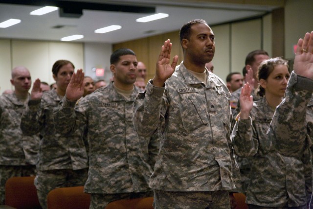 PICATINNY ARSENAL, N.J. - A portion of the 74 noncommissioned officers recite the NCO Creed during a ceremony here April 4. The Soldiers, who came to Picatinny from New York and New Jersey, are part of the National Guard, Army Reserve and...