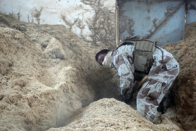 An Iraqi Army soldier looking for hidden weapons digs in a mound of hay April 7 during
a combined operation conducted by IA, Iraqi Police and U.S. military forces in Kirkuk
province. During the operation, IPs were able to arrest seven individuals wan...
