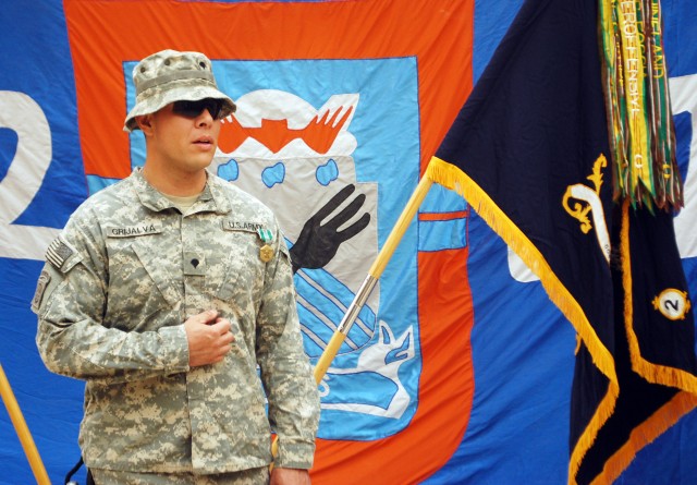 BAGHDAD- Spc. Gaspar Grijalva, of El Paso, Texas, speaks to fellow Paratroopers in attendance after being awarded the Army Commendation Medal with Valor April 24 at Joint Security Station Loyalty, located in the 9 Nissan District of eastern...