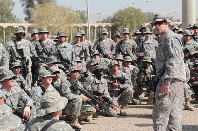 BAGHDAD - Lt. Col. Dave Buckingham, commander, 5th Squadron, 73rd Cavalry Regiment, 3rd Brigade Combat Team, 82nd Airborne Division, Multi-National Division - Baghdad, speaks to his paratroopers following a reenlistment ceremony April 23 at the...