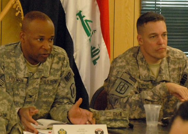 BAGHDAD - Col. Byron Freeman (left), 8th Military Police "Watchdog" Brigade commander, Multi-National Division - Baghdad and a native of Norfolk, Va., and Lt. Col. Thomas Byrd, commander, 93rd MP Battalion, 8th MP Bde., MND - B and a native of...