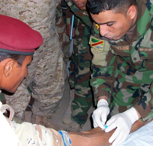 An Iraqi Soldier, assigned to the 41st Iraqi Army Brigade, 10th Iraqi Army Division, inserts an intravenous drip or 'IV' designed to deliver electrolyte solutions, medicines and nutrients into the arm of one of his fellow troops during a joint...