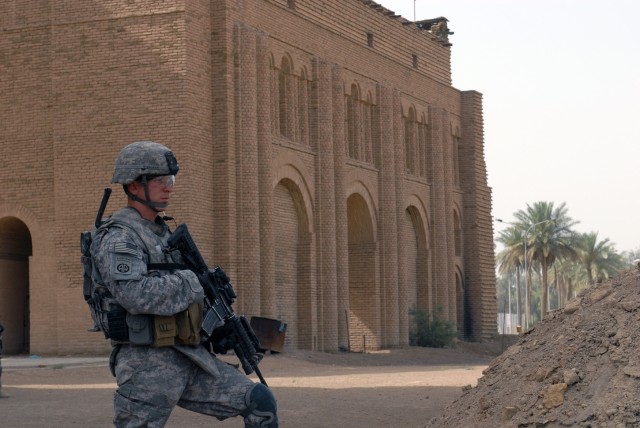 BAGHDAD - 1st Lt. Jeffrey Wismann, a platoon leader with 1st Battalion, 505th Parachute Infantry Regiment, stands watch May 7 at the Arch of Kessura, an ancient structure built by a Persian king more than 2,000 years ago. The structure is the...