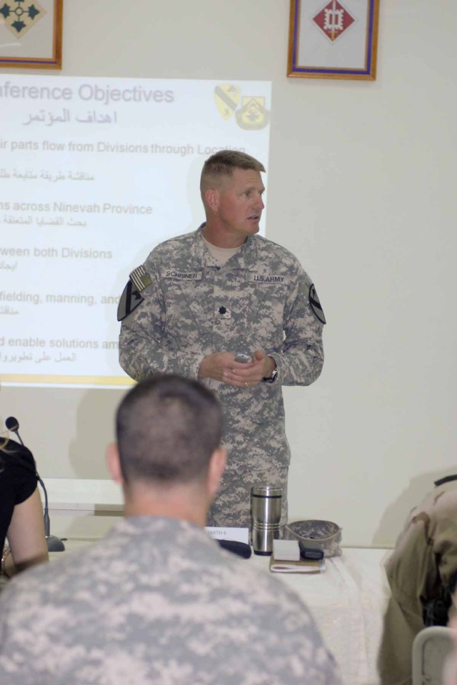 The 2nd Iraqi Army Division, 3rd Iraqi Army Division and the 215th Brigade Support Battalion, 3rd Heavy Brigade Combat Team, 1st Cavalry Division, held a conference April 20 to coordinate logistic efforts in Ninewah province. Here, Lt. Col. Loren Sch...