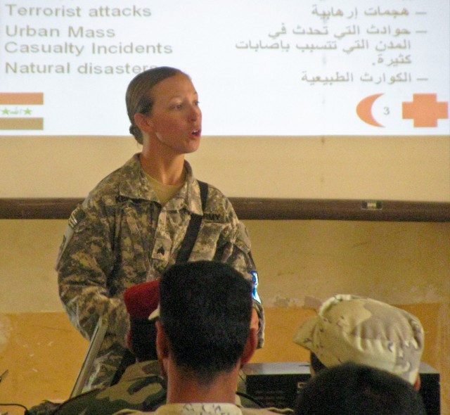Sgt. Crystal Kepler, a combat medic assigned to the 27th Brigade Support Battalion, 4th Brigade Combat Team, 1st Cavalry Division, provides triage instruction to Iraqi Soldiers assigned to the 10th Motorized Transportation Regiment at Camp White Hors...