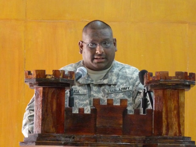 CAMP LIBERTY - Spc. Jason Mata, mechanic, 277th Engineer Company, a native of San Antonio, Texas, gives his eulogy for Spc. Jacob Barton, May 14.  Mata said of his roommate and friend, "Spc. Barton was a unique and innocent person.  He saw the world ...