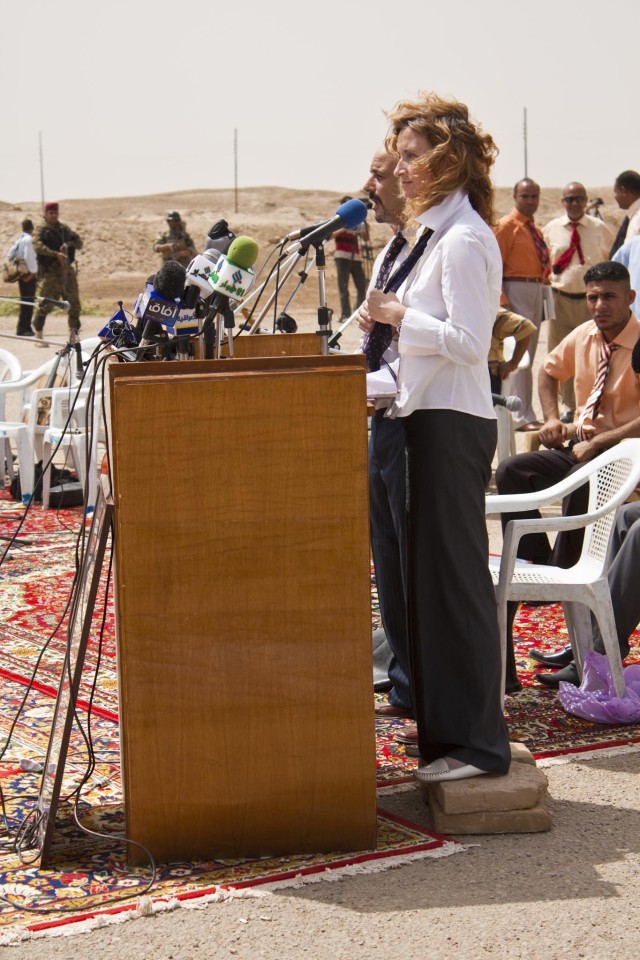 Dr. Anna Prouse speaks in front of the historical Ziggurat of Ur during a turnover ceremony at Contingency Operating Base Adder in southern Iraq, May 13. The site is now officially controlled and guarded by the Dhi Qar police, and managed by the Mini...