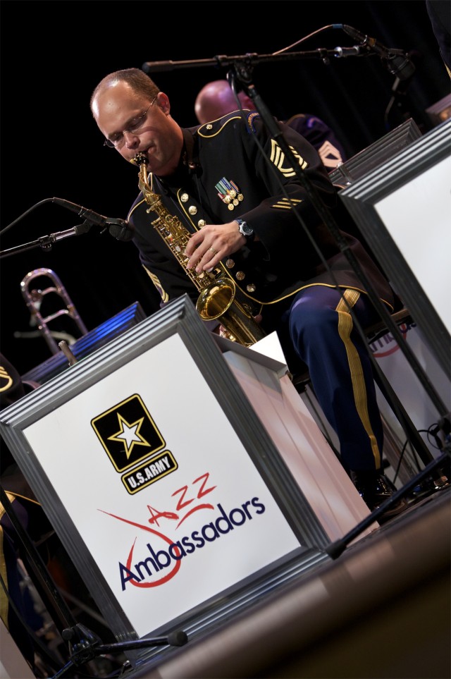 Sgt. 1st Class Drew Layton on the alto sax in Emmaus, Penn.