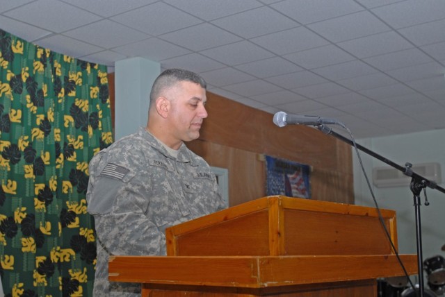 CAMP TAJI, Iraq - Col. Marc Ferraro, brigade commander,  from Cherry Hill, N.J., speaks during a Memorial Day service, May 25,  at the Warrior Chapel for Soldiers of the 56th Stryker Brigade Combat Team, 1st Cavalry Division, Multi-National...
