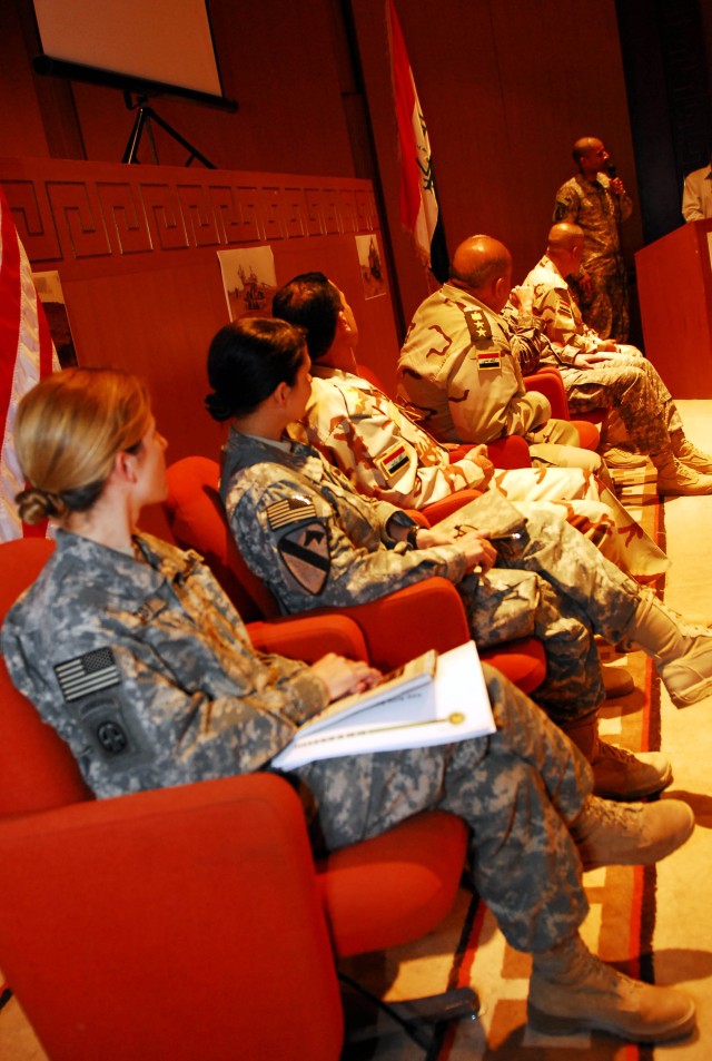 BAGHDAD - Iraqi Army Engineer Regiment leaders from the Baghdad area and the military transition team advisor assigned to each regiment listen to Brig. Gen. Owen Monconduit of Pineville, La., June 13. The 225th Engineer Brigade hosted an engineer...