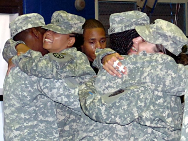 502nd Adjutant General, 15th Special Troops Battalion, 15th Sustainment Brigade, 13th Sustainment Command (Expeditionary), Soldiers bid farewell to friends and family at their deployment ceremony at Kieshnick Physical Fitness Center here, June 24....