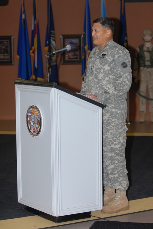 Lt. Gen. Joseph F. Peterson, speaks to the audience at the Fort Bliss TOA