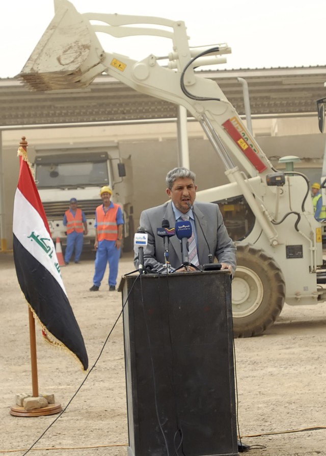 BAGHDAD - Naeem Abaob, the deputy mayor of Baghdad speaks to guests attending the transfer ceremony of the Hurriyah Public Works Sub Station in the Kadhamiyah district of northwest Baghdad June 17. "We understand that the Coalition forces' duty is...