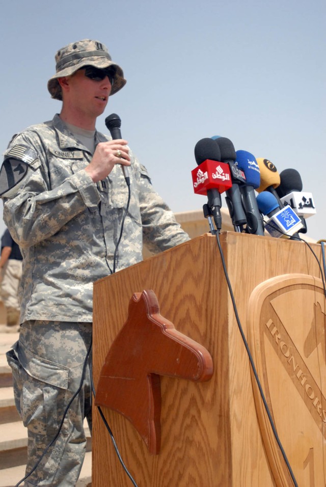 BAGHDAD - San Antonio native, Capt. Brent Kinney, commander, Company E, 1st "Black Knights" Battalion, 5th Cavalry Regiment, attached to the 1st "Ironhorse" Brigade Combat Team, 1st Cavalry Division presented a speech at the ground breaking...