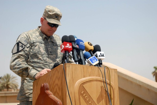 BAGHDAD - Sioux Falls, S.D. native, Col. Tobin Green, commander, 1st "Ironhorse" Brigade Combat Team, 1st Cavalry Division commander, presented a speech at the ground- breaking ceremony of Baghdad Island June 22. This ground breaking ceremony...