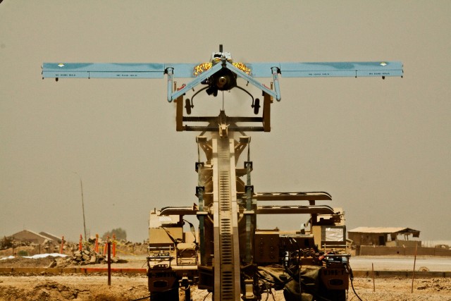 TAJI, Iraq - Going 0-60 knots in less than a second, a UAV from the Pennsylvania National guard, attached to the 1st Air Cavalry Brigade, 1st Cavalry Division, Multi-National Division - Baghdad, clears the launch ramp on its way to conduct a June...