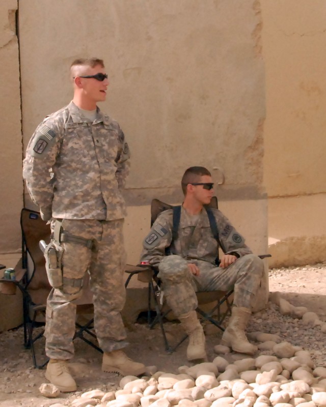 Spc. Jonathan Garner of Metairie, La., and Pfc. Brian Wallis of Providence, La., both of the 39th Military Police Company, 91st Military Police Battalion, 8th Military Police Brigade, participate in the training classes being conducted by their...