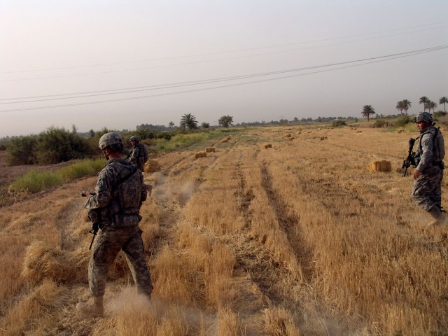 MAHMUDIYAH, Iraq -- Soldiers of Company B, 120th Combined Arms Battalion, 30th Heavy Brigade Combat Team, headquartered in Whiteville, N.C., patrol southeast of Al Dhoura after receiving small arms fire July 25.  The Soldiers are based out of Forward...