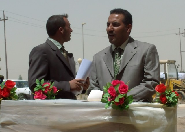 BAGHDAD -Fali Ismael, manager of the Nasir Wa Salam Water Department, address attendees of the ground-breaking ceremony of the Zaidon water treatment facility in Abu Ghraib July 30. The government of Abu Ghraib worked with the 1st Combined Arms...