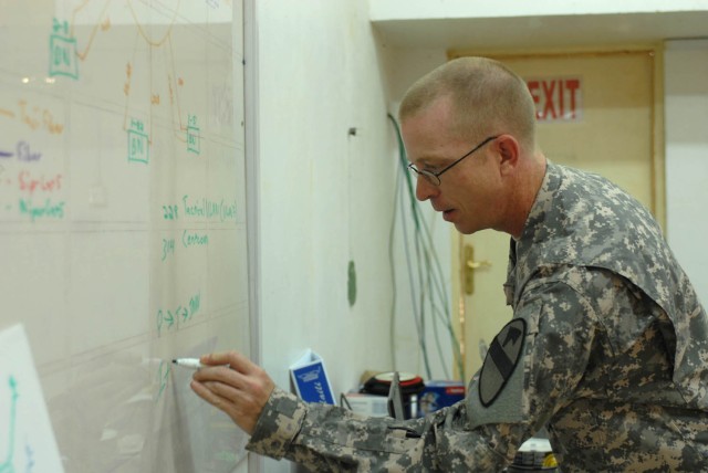 CAMP TAJI, Iraq - Colombia, Tenn. native Spc. James Owen, an information technology specialist for 1st Brigade Combat Team, 1st Cavalry Division draws out the plan for the new network Aug 2.  A handful of the "Ironhorse" Brigade automations and...