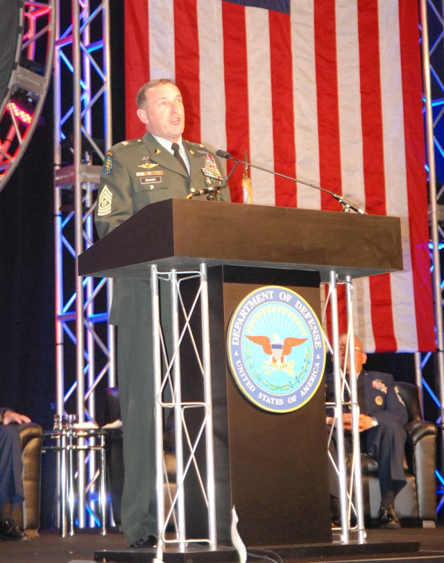 Command Sgt. Maj. Bruner speaks at the DoD Worldwide Education Symposium 