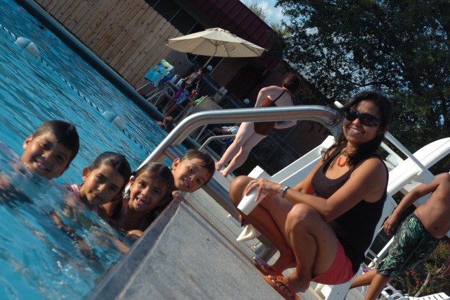 (From left to right) Gabriel 10 years-old, Daniela 8 years-old, Melinda 6 years-old, Andre 4 years-old and Mariana Dionne line up along the edge of the West Fort Hood swimming pool during 3rd Brigade Special Troop Battalion, 1st Cavalry Division,...