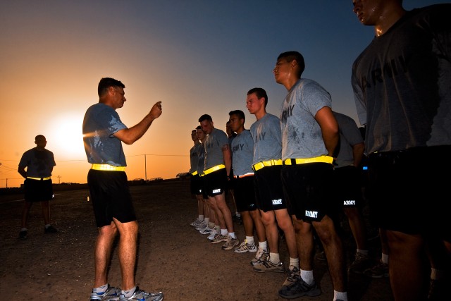 CAMP TAJI, Iraq-After conducting physical fitness training, Brig. Gen. Frederick Rudesheim, the deputy commanding general of support, 1st Cavalry Division, Multi-National Division - Baghdad, thanks the Soldiers of Company F, 3rd Battalion, 1st Air Ca...