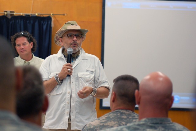 Actor Joe Pantoliano talks about mental illness to Multi-National Division - Baghdad Soldiers during the "Stomp the Stigma" tour Sept. 4. Pantoliano, of such fame as the Sopranos, the Matrix and others, uses his own history of mental illness  in...