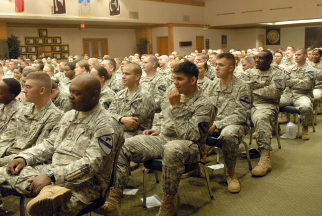 Approximately 350 Soldiers from the 4th Brigade Combat Team, 1st Cavalry Division attend the Sex Signals class at Fort Hood's Phantom Warrior Club Sept. 16.  The class is presented by civilians who perform skits showing different social scenarios of ...