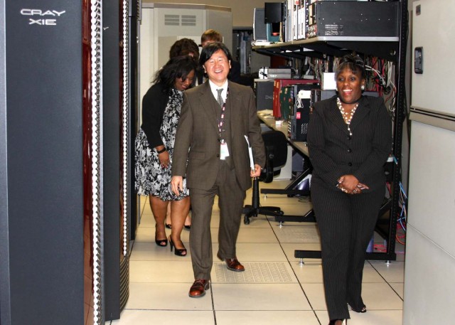 Dr. Jonn Kim, president and CEO of GaN Corporation, and Dr. Claudette Owens, chief, Information and Computational Engineering Division, USASMDC/ARSTRAT, tour the Simulation Center. Alabama-based GaN Corporation was recently awarded a contract to oper...