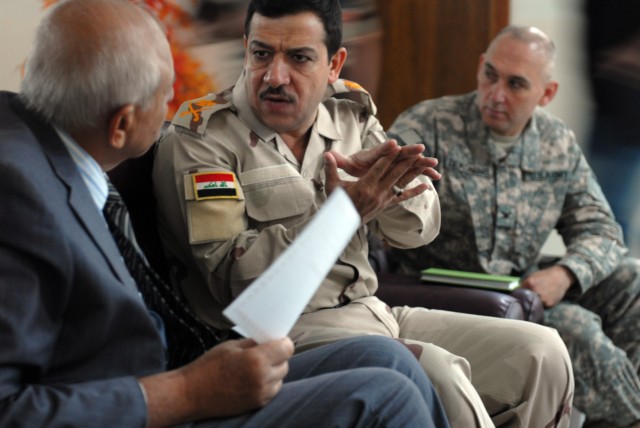 BAGHDAD - "Definitely everyone has experience out in the field and they come together here because Iraqi Army and American doctors can exchange ideas," said Maj. Gen. Samir Abdullah (center), the director of Iraqi military medical services during a j...