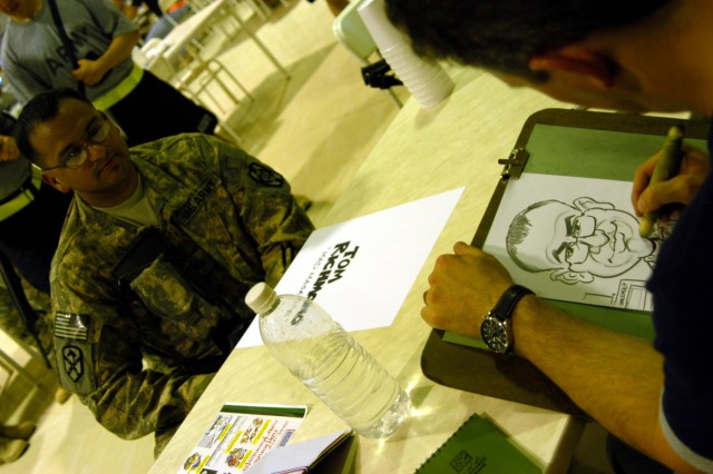 CONTINGENCY OPERATING LOCATION Q-WEST, Iraq - Satirical cartoonist Tom Richmond, Mad Magazine, draws a caricature of a Soldier during a visit here Oct. 20. Richmond was among five popular cartoonists and caricaturists who entertained troops at the ma...