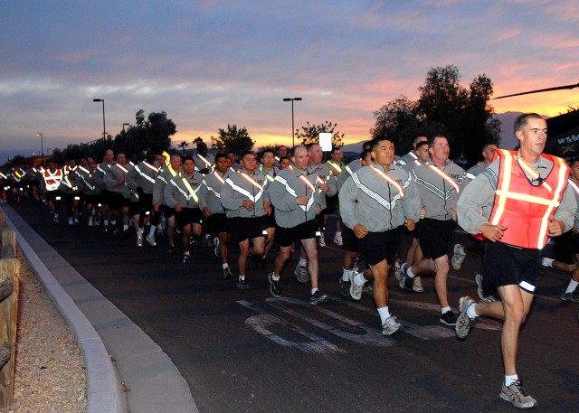 Noncommissioned officers participate during an Oct. 27 morning NCO run that was led by Fort Irwin and National Training Center Command Sgt. Maj. Victor Martinez. The jog kicked off a day of NCO professional development that culminated with a visit...