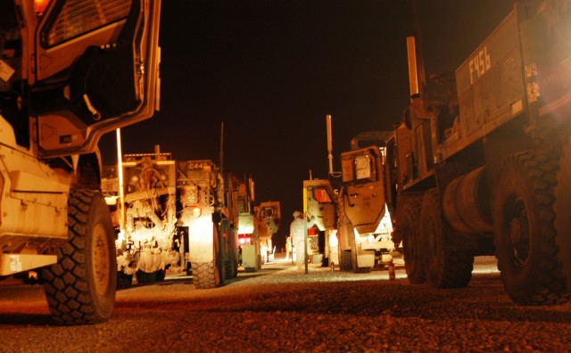 CONTINGENCY OPERATING LOCATION Q-WEST, Iraq - Convoy security vehicles with the Mississippi Army National Guard's 1st Platoon, C Company, 2nd Battalion, 198th Combined Arms, an armor unit from Oxford, Miss., stage in Contingency Operating Location...