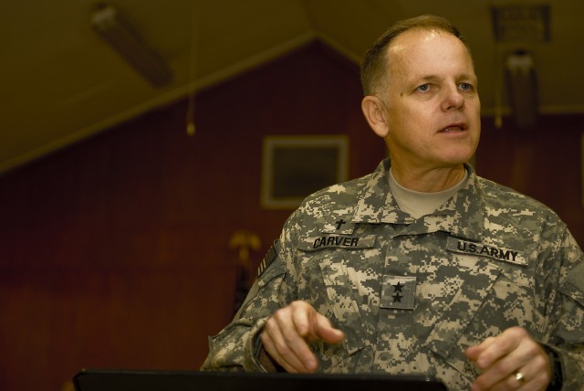 BAGHDAD - The Army's highest ranking chaplain, Major Gen. Douglas Carver, of Rome, Ga., leads a worship service at Camp Liberty's Division Chapel, Nov. 22. Douglas shared a message of resilience focusing on the Army's rise in suicides over the...