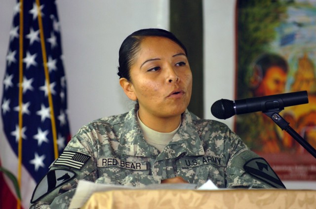 CAMP TAJI, Iraq— Sgt. Amber Red Bear, from Pine Ridge, S.D., a chemical equipment repairer in Company E, 1st Battalion, 227th Aviation Regiment, 1st Air Cavalry Brigade, 1st Cavalry Division, speaks about her tribe, the Lakota Indians, at a...